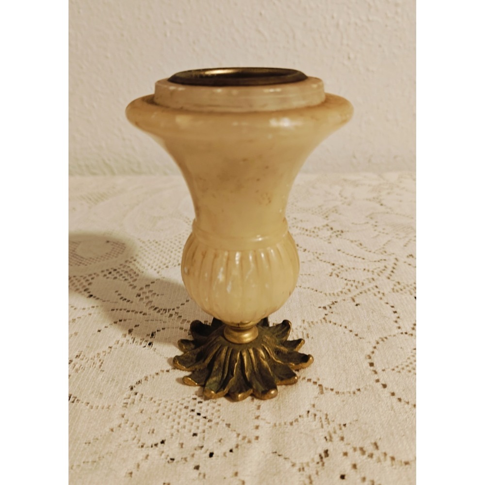 Vintage Mid Century Alabaster And Gold Gilt Candle Holder Made In Italy